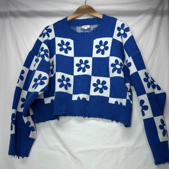 POL Checkered Foral Print Knit Sweater Fringed Edges Cropped Blue/White Sz Large - Picture 1 of 6